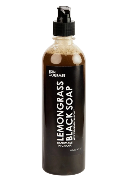 Skin Gourmet Lemongrass Black Soap, authentic liquid African black soap handmade in Ghana